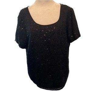 Talbots Scoop Neck Silk S/S Top w/Sequins. Black. 12W Petite. GUC
